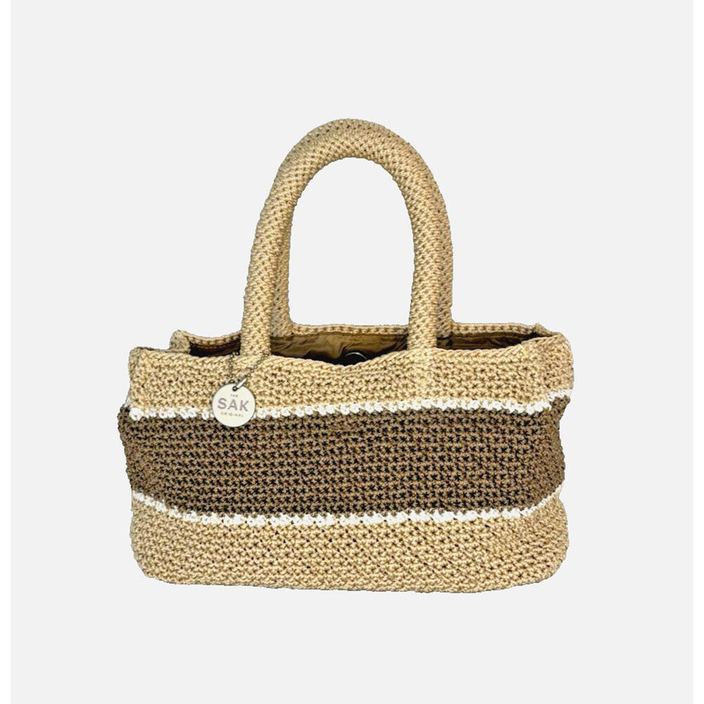 The Sak Crochet Tote Bag Handbag Purse Boho Brown Tan Stripe EUC